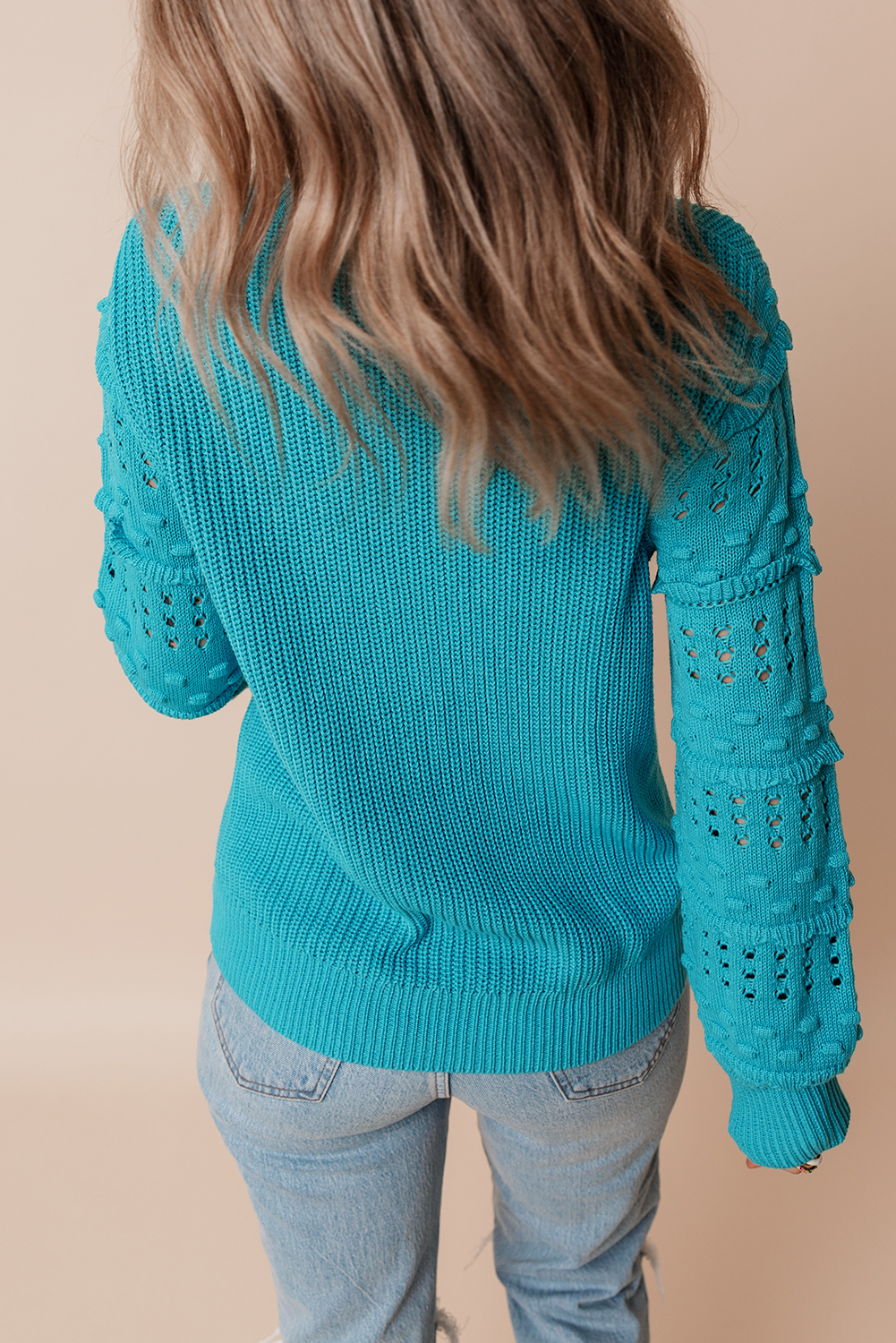 Chic and Stylish Turquoise Bubble Sleeve Knit Top with Ruffled Detail - Detail View 2 Chic and Stylish Turquoise Bubble Sleeve Knit Top with Ruffled Detail - Detail View 2