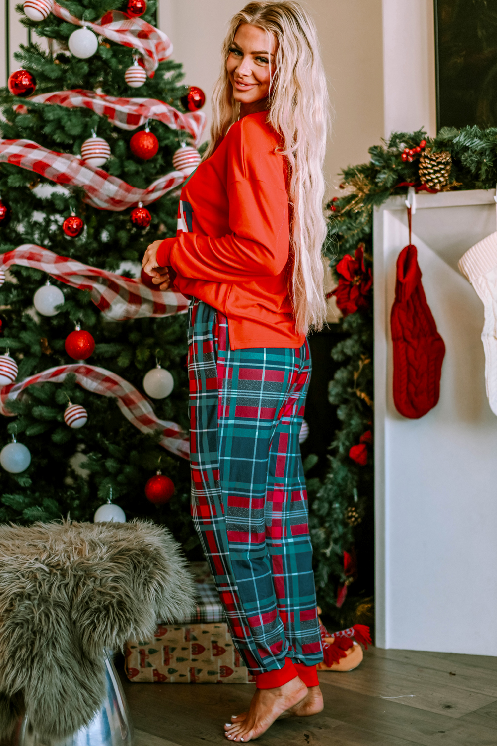 Women's Holiday Plaid Loungewear, Casual Long Sleeve Pajamas - Detail View 3 Women's Holiday Plaid Loungewear, Casual Long Sleeve Pajamas - Detail View 3