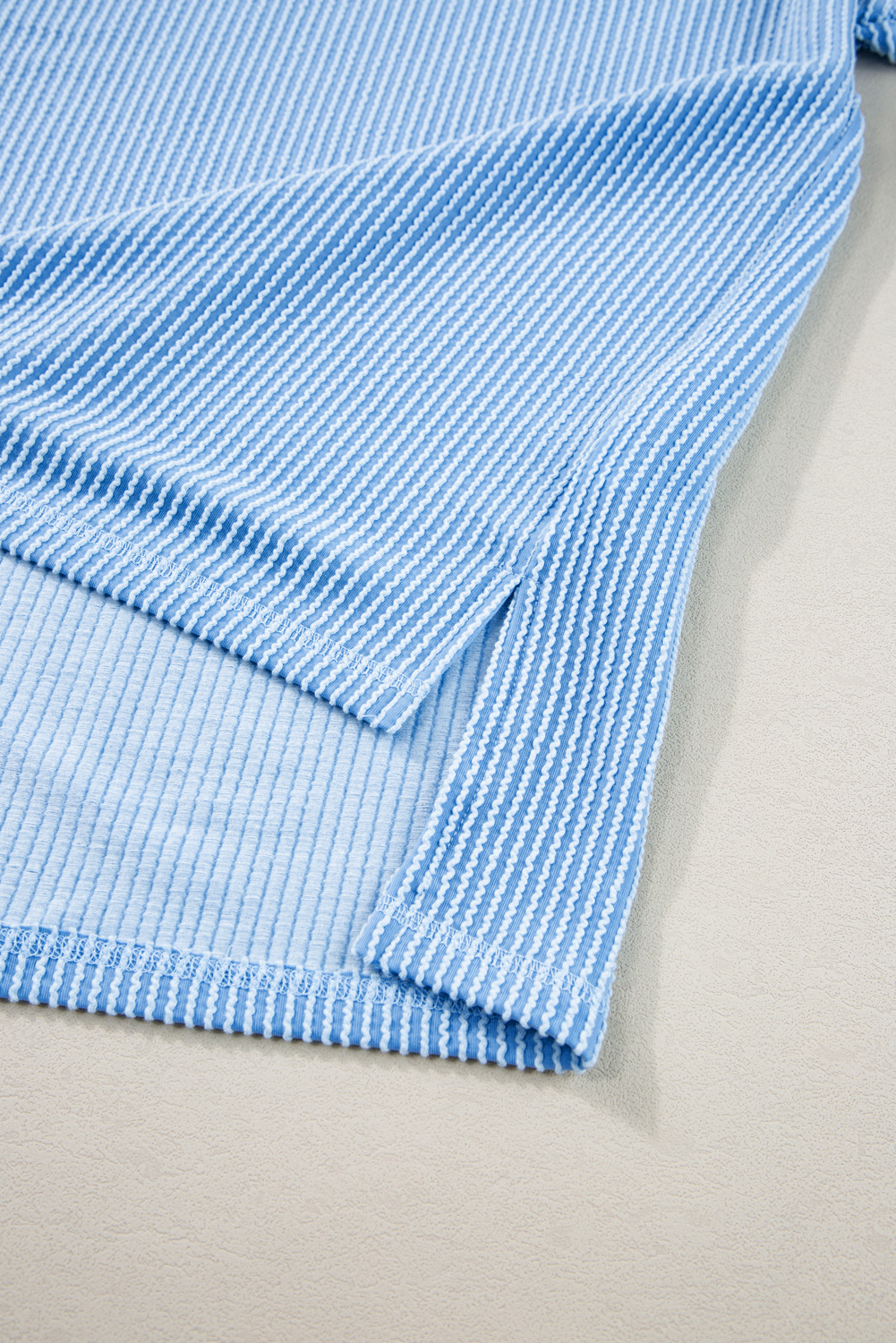 Chic and Cozy Plus Size Loungewear - Light Blue Ribbed Long Sleeve Top and Drawstring Shorts - Detail View 13 Chic and Cozy Plus Size Loungewear - Light Blue Ribbed Long Sleeve Top and Drawstring Shorts - Detail View 13