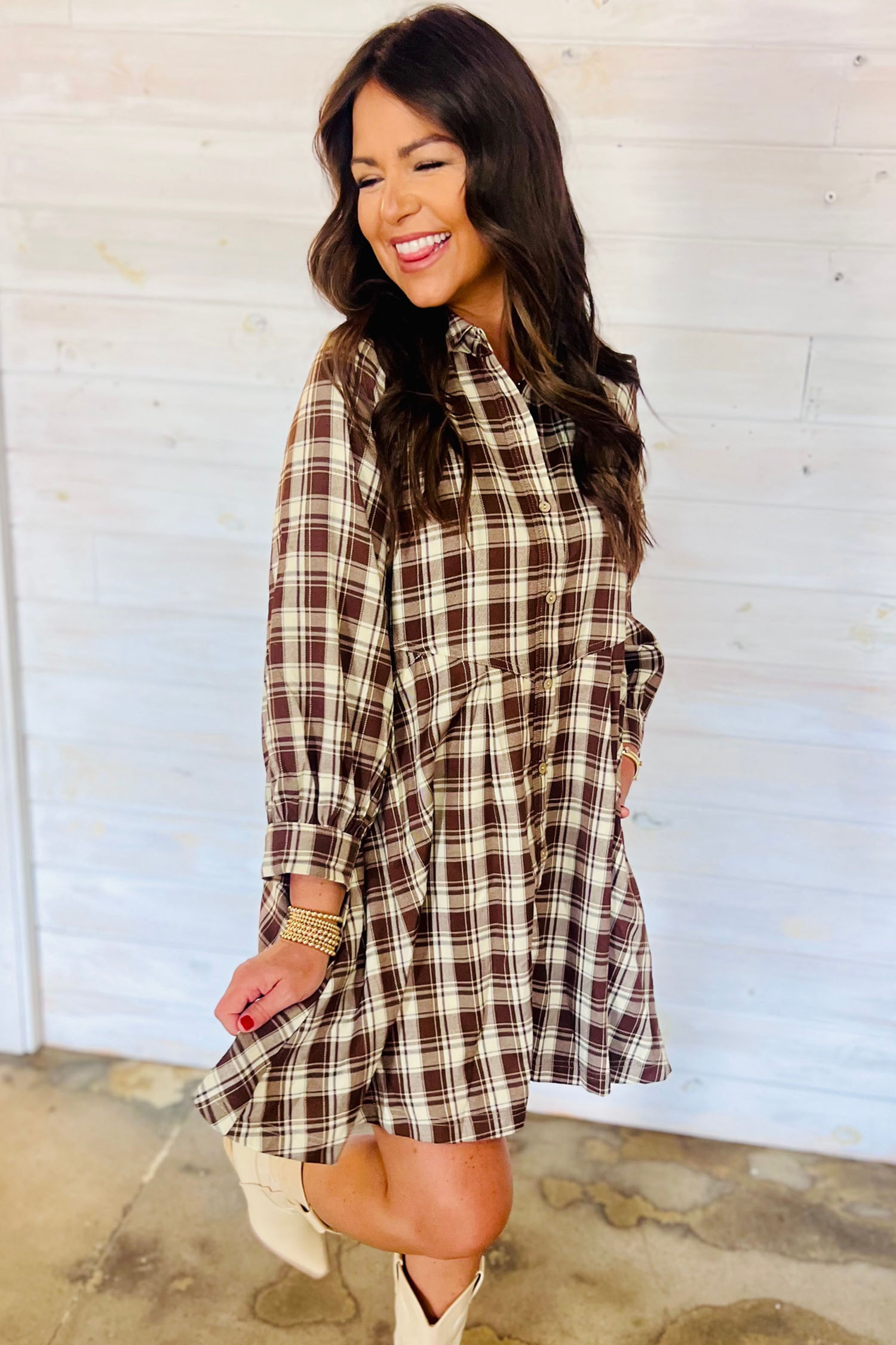 Women's Plaid Mini Dress, Casual Autumn Shift Style - Detail View 7 Women's Plaid Mini Dress, Casual Autumn Shift Style - Detail View 7