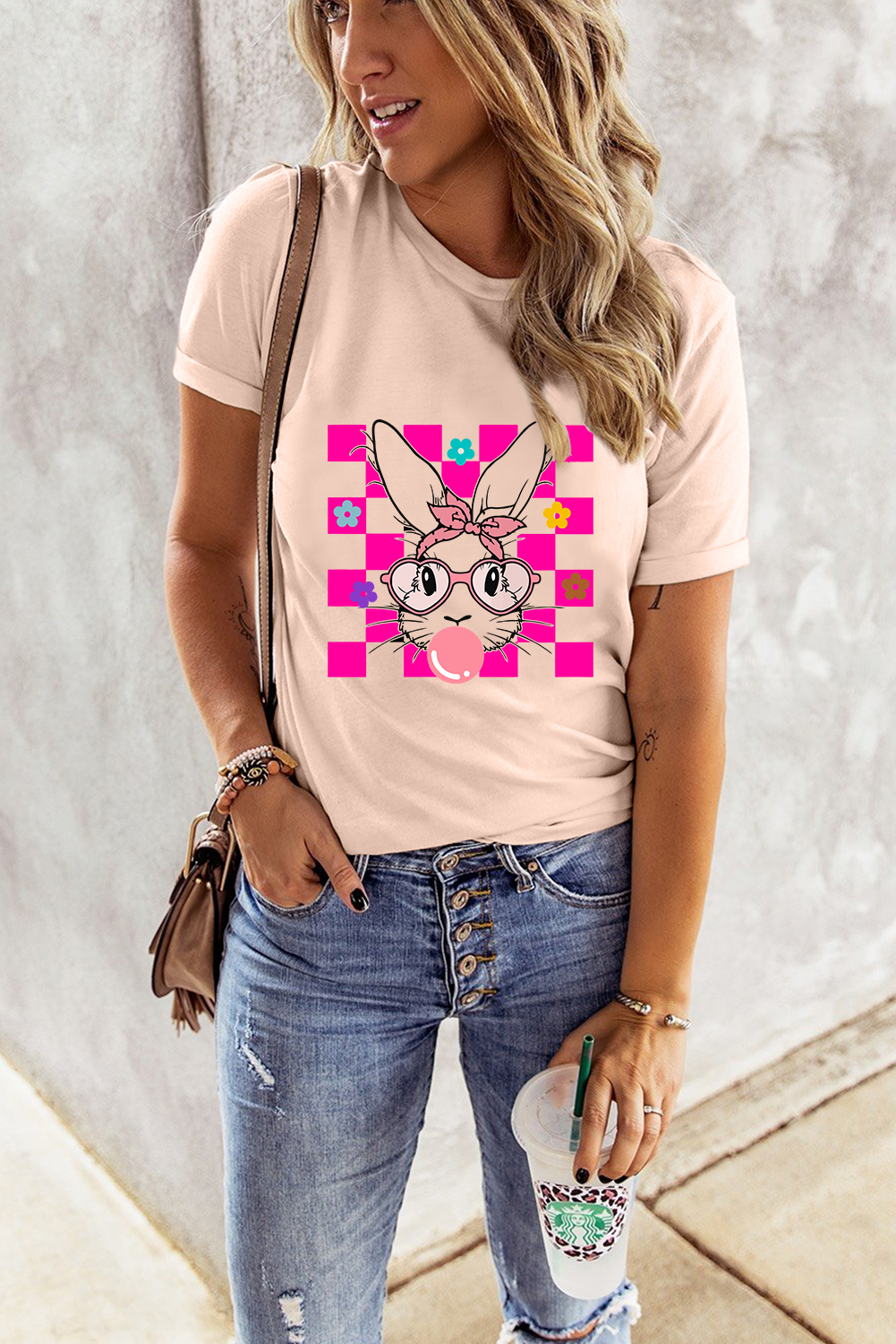 Women's Floral Plaid Bunny Shirt, Soft Daily Casual Tee - Detail View 6 Women's Floral Plaid Bunny Shirt, Soft Daily Casual Tee - Detail View 6