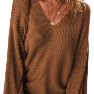 Women's Camel Ribbed Knit Drop Sleeve V Neck Loose Fit Sweater - Cozy & Chic - Main View