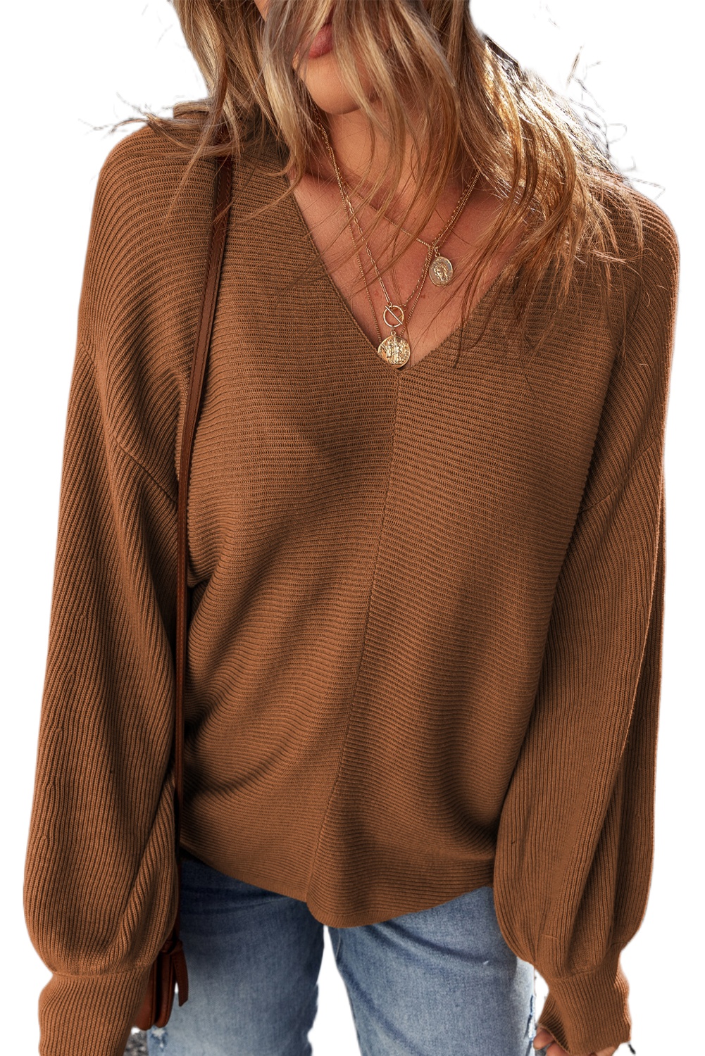 Women's Camel Ribbed Knit Drop Sleeve V Neck Loose Fit Sweater - Cozy & Chic - Main View Women's Camel Ribbed Knit Drop Sleeve V Neck Loose Fit Sweater - Cozy & Chic - Main View