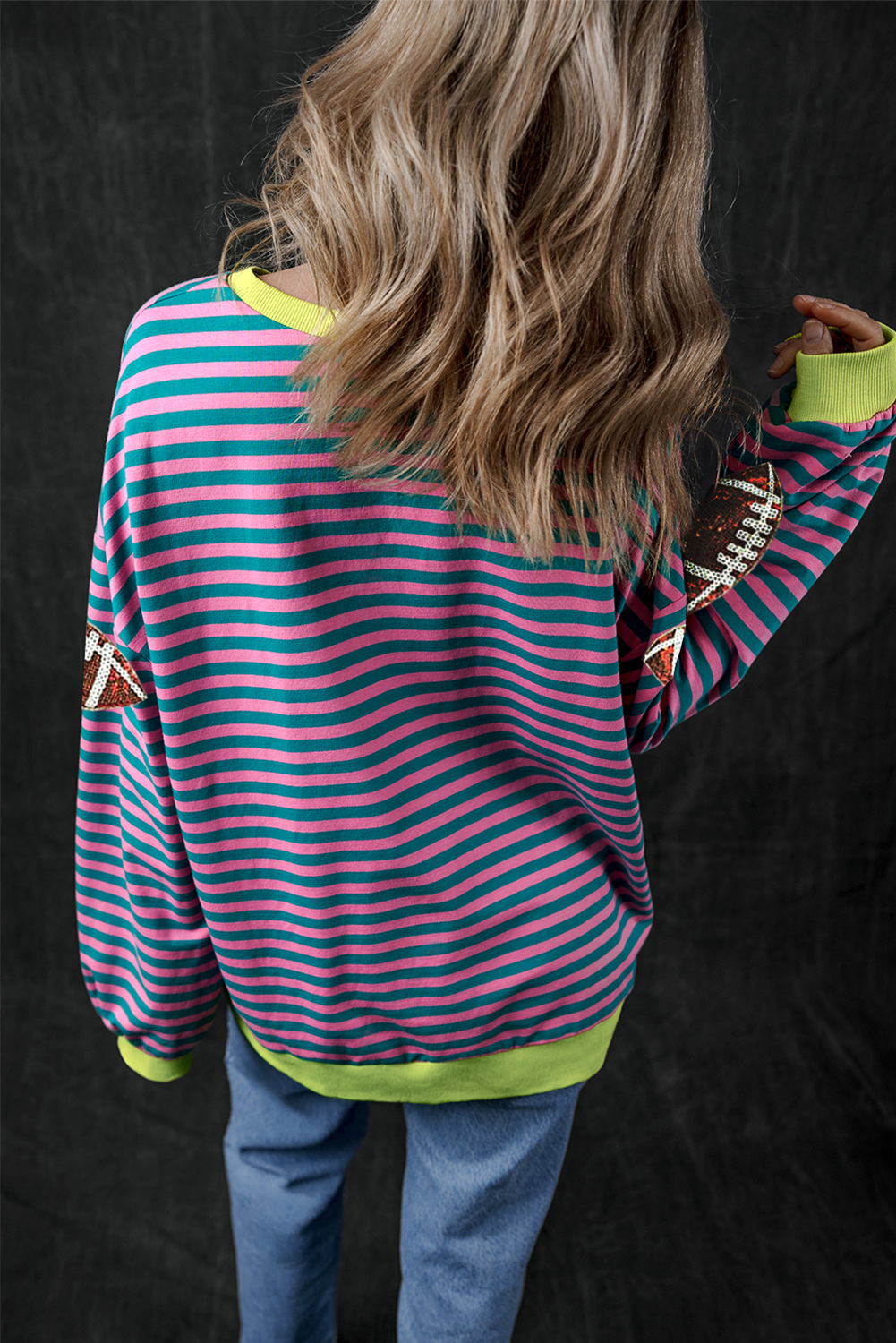 Casual Rugby Football Graphic Sweatshirt with Colorblock Edges and Sequins - Detail View 2 Casual Rugby Football Graphic Sweatshirt with Colorblock Edges and Sequins - Detail View 2