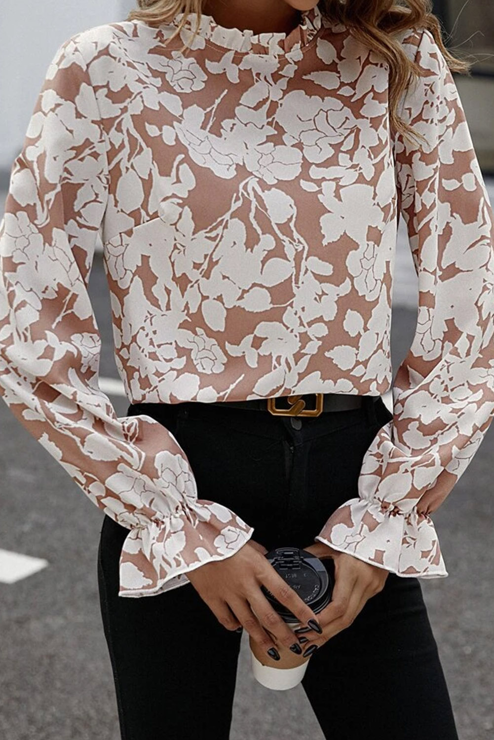 Floral Print Long Sleeve Blouse, Casual Women's Ruffle Neck - Detail View 2 Floral Print Long Sleeve Blouse, Casual Women's Ruffle Neck - Detail View 2