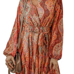 Women's Orange Boho Paisley Print Long Sleeve Pleated Belted Mini Dress - Main View