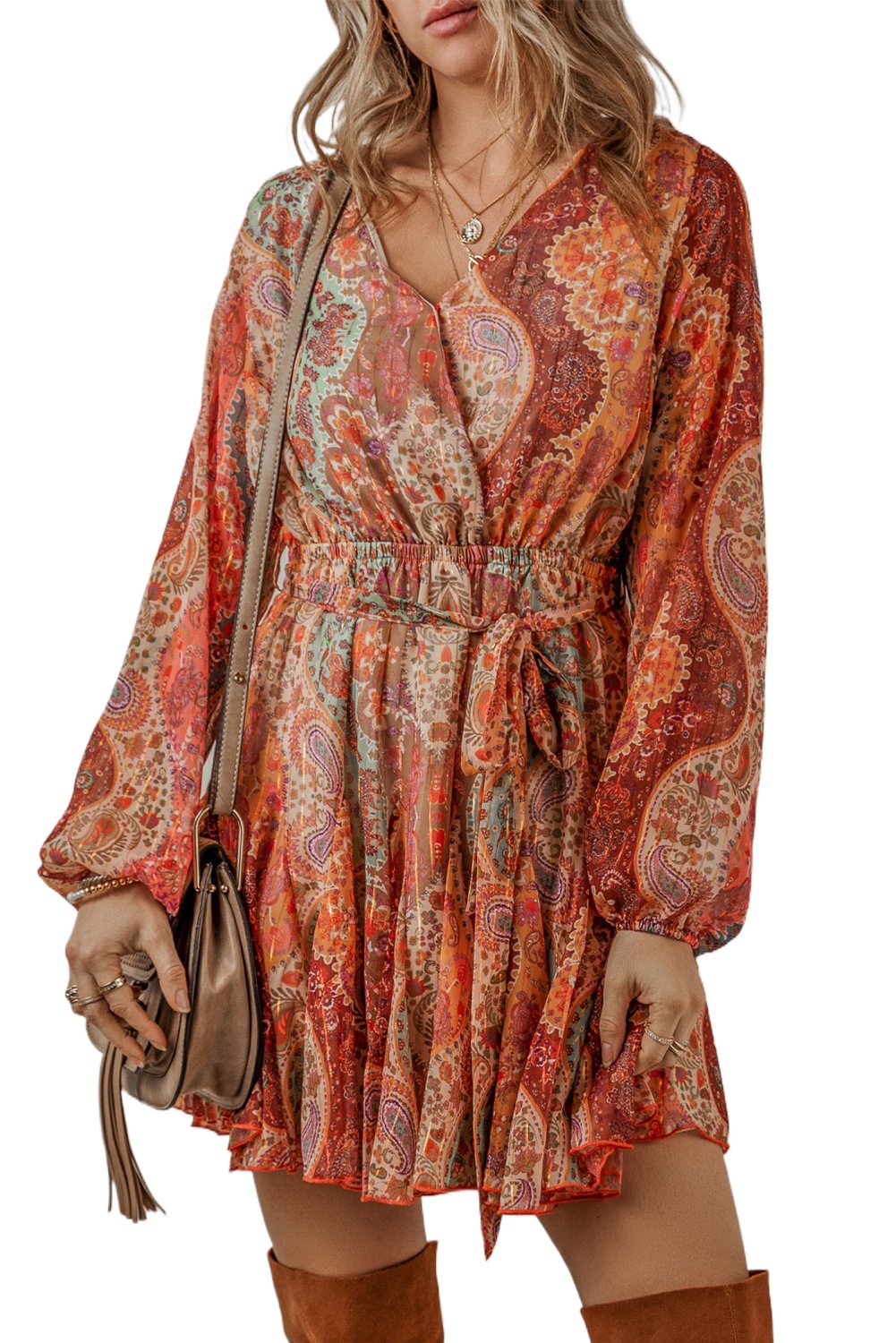 Women's Orange Boho Paisley Print Long Sleeve Pleated Belted Mini Dress - Main View Women's Orange Boho Paisley Print Long Sleeve Pleated Belted Mini Dress - Main View