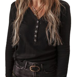 Women's Ribbed Henley Top, Long Sleeve Button Down Shirt - Main View