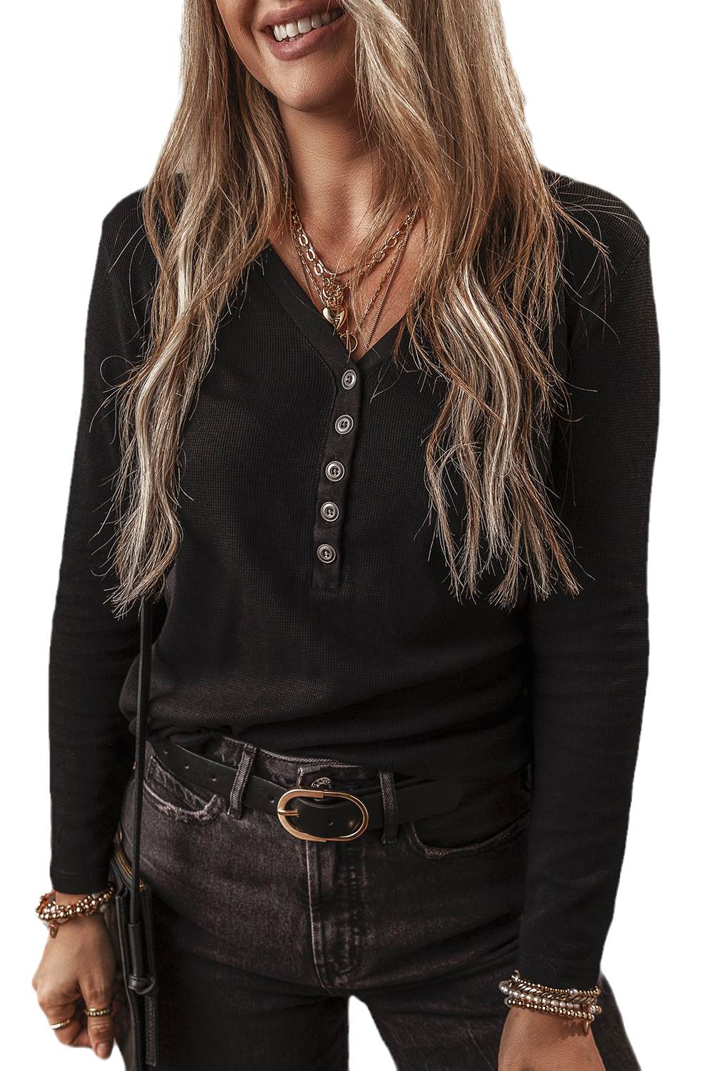 Women's Ribbed Henley Top, Long Sleeve Button Down Shirt - Main View Women's Ribbed Henley Top, Long Sleeve Button Down Shirt - Main View