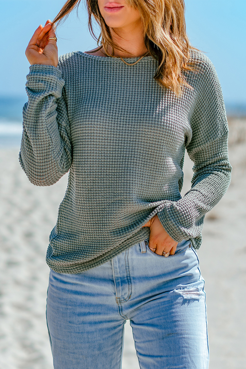 Women's Green Waffle Knit Drop Shoulder Long Sleeve Top - Detail View 6 Women's Green Waffle Knit Drop Shoulder Long Sleeve Top - Detail View 6