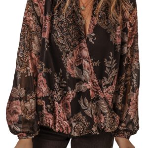 Women's Black Floral Print Criss Cross V Neck Balloon Sleeve Blouse - Main View