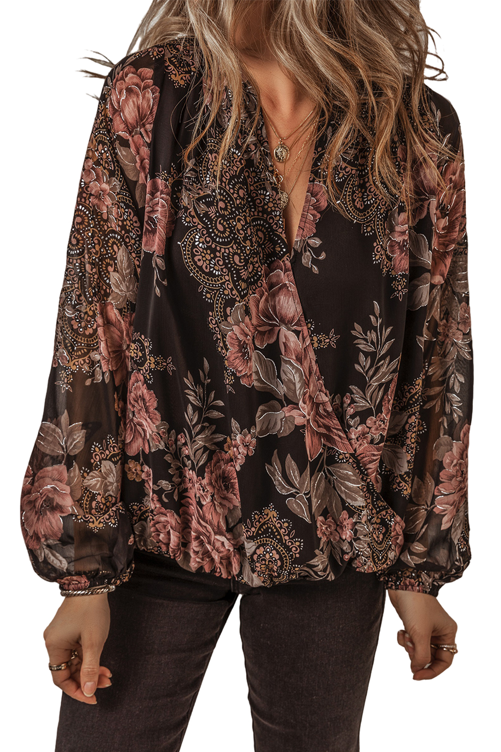 Women's Black Floral Print Criss Cross V Neck Balloon Sleeve Blouse - Main View Women's Black Floral Print Criss Cross V Neck Balloon Sleeve Blouse - Main View