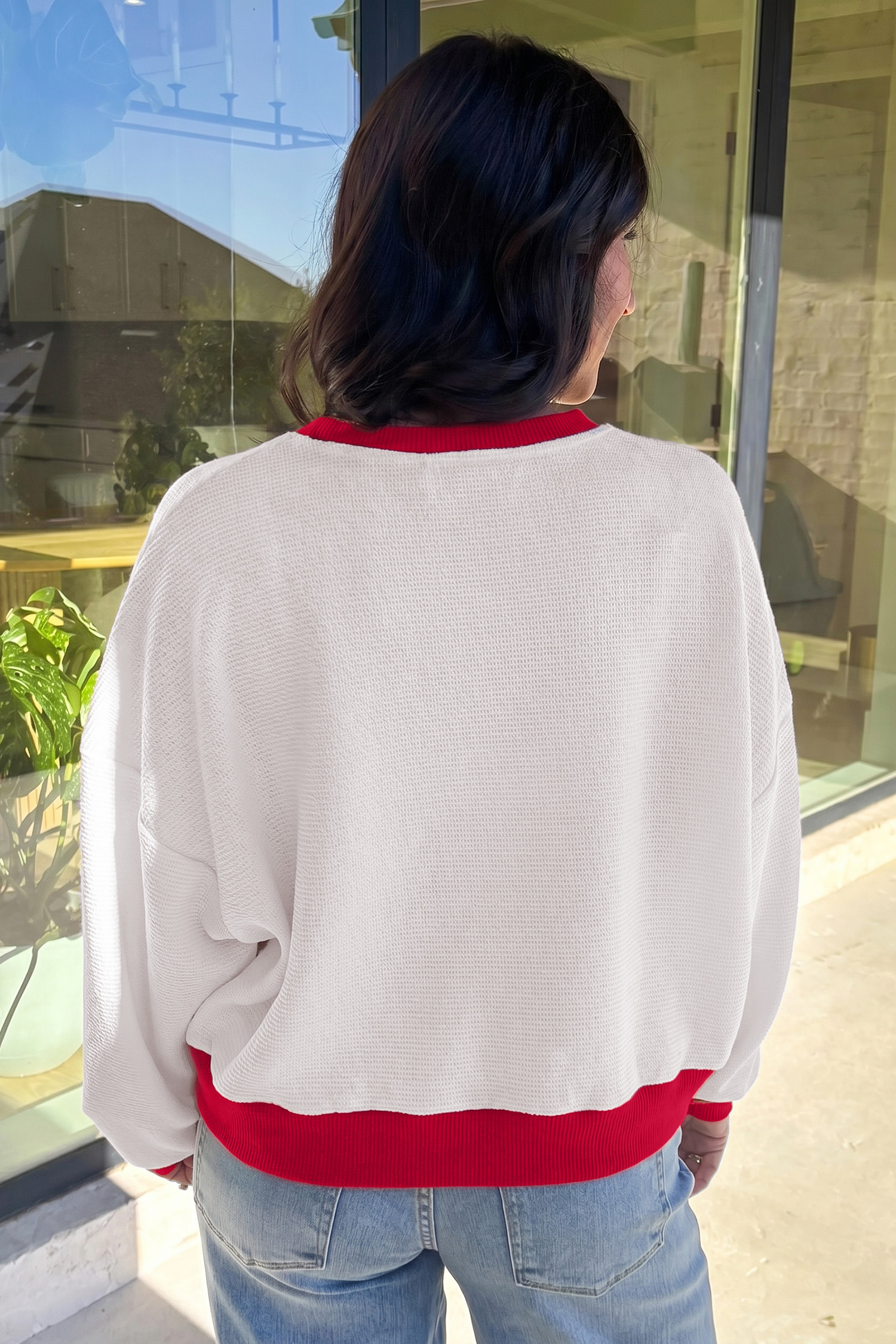 Holiday Color Block Pullover, Women Casual Round Neck Shirt - Detail View 2 Holiday Color Block Pullover, Women Casual Round Neck Shirt - Detail View 2