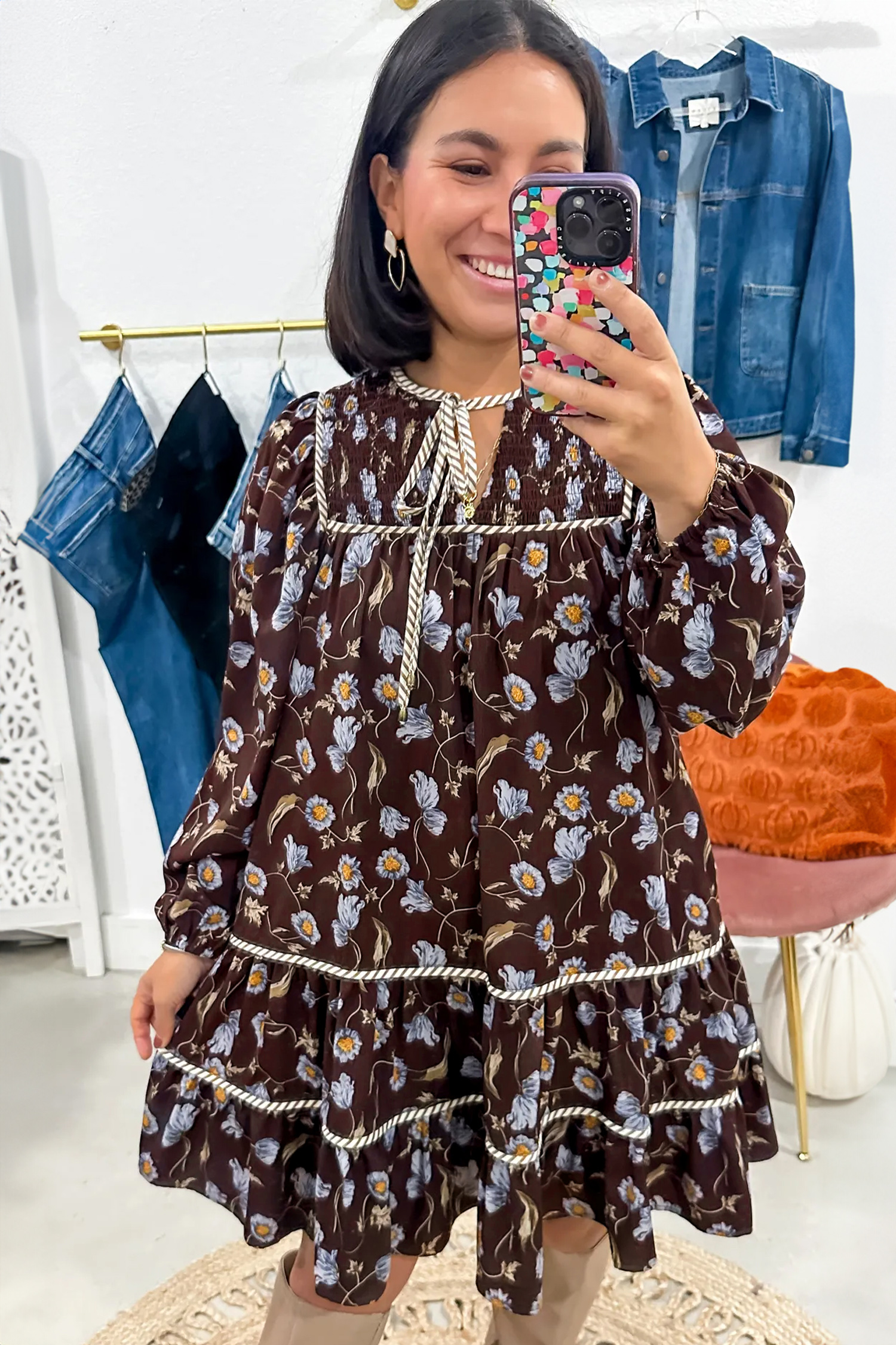 Women's Floral Print V Neck Dress, Long Sleeve Mini - Detail View 8 Women's Floral Print V Neck Dress, Long Sleeve Mini - Detail View 8