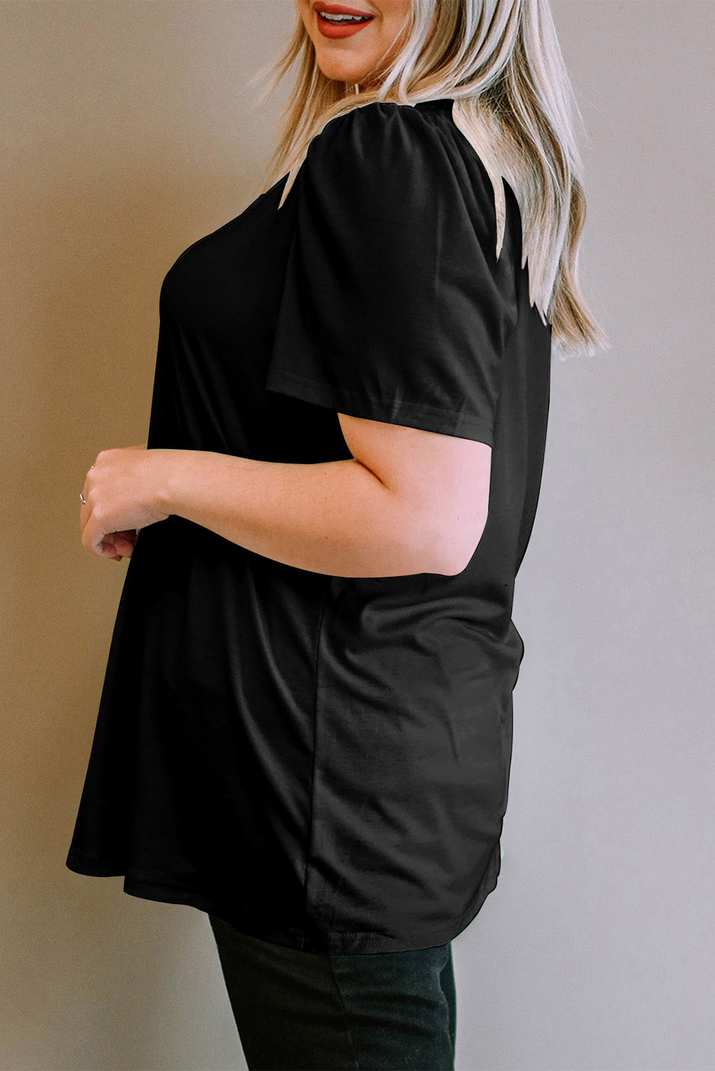 Women's Plus Size Puff Sleeve Top, Solid Black Basic Shirt - Detail View 3 Women's Plus Size Puff Sleeve Top, Solid Black Basic Shirt - Detail View 3