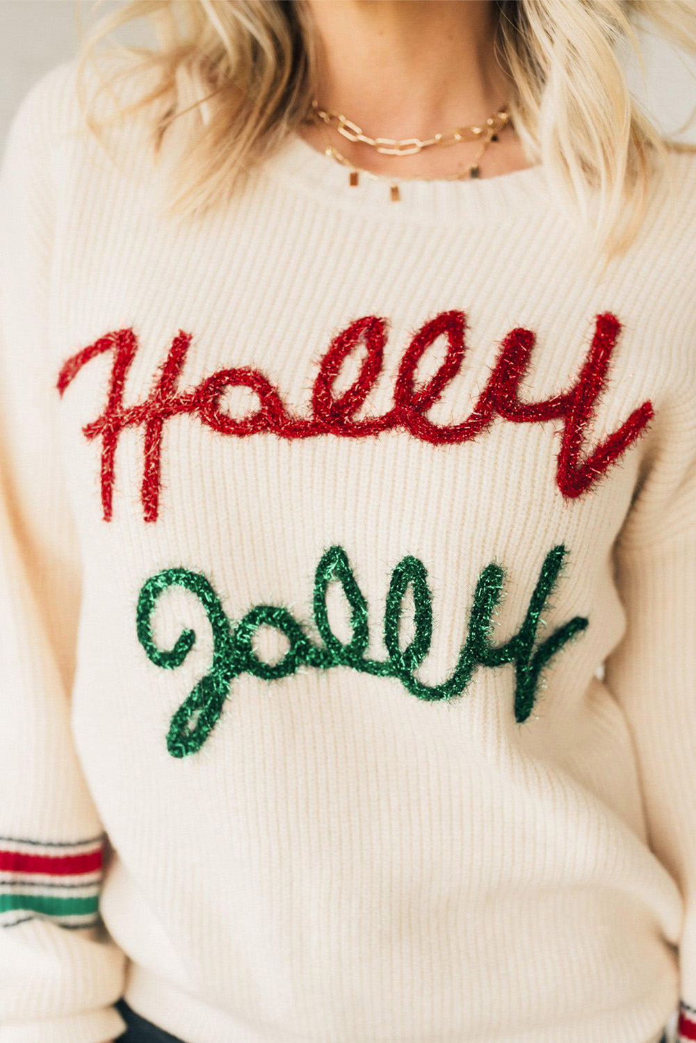 Cozy Rib Knit Beige Sweater for Women - Perfect for Holiday Celebrations - Detail View 11 Cozy Rib Knit Beige Sweater for Women - Perfect for Holiday Celebrations - Detail View 11