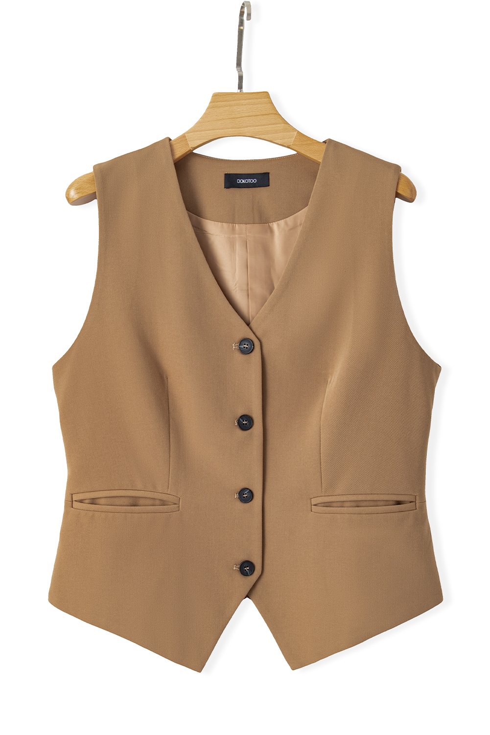 Women's Vest, Chestnut Solid Color, V Neck, Suit Vest, Elegant, Timeless, Versatile, Blazer, Button Closure, Adjustable Fit, Office Wear, Modern Style, Outerwear, Vests, Sleevesless, Sheath Silhouette, Office Occasion - Detail View 15 Women's Vest, Chestnut Solid Color, V Neck, Suit Vest, Elegant, Timeless, Versatile, Blazer, Button Closure, Adjustable Fit, Office Wear, Modern Style, Outerwear, Vests, Sleevesless, Sheath Silhouette, Office Occasion - Detail View 15