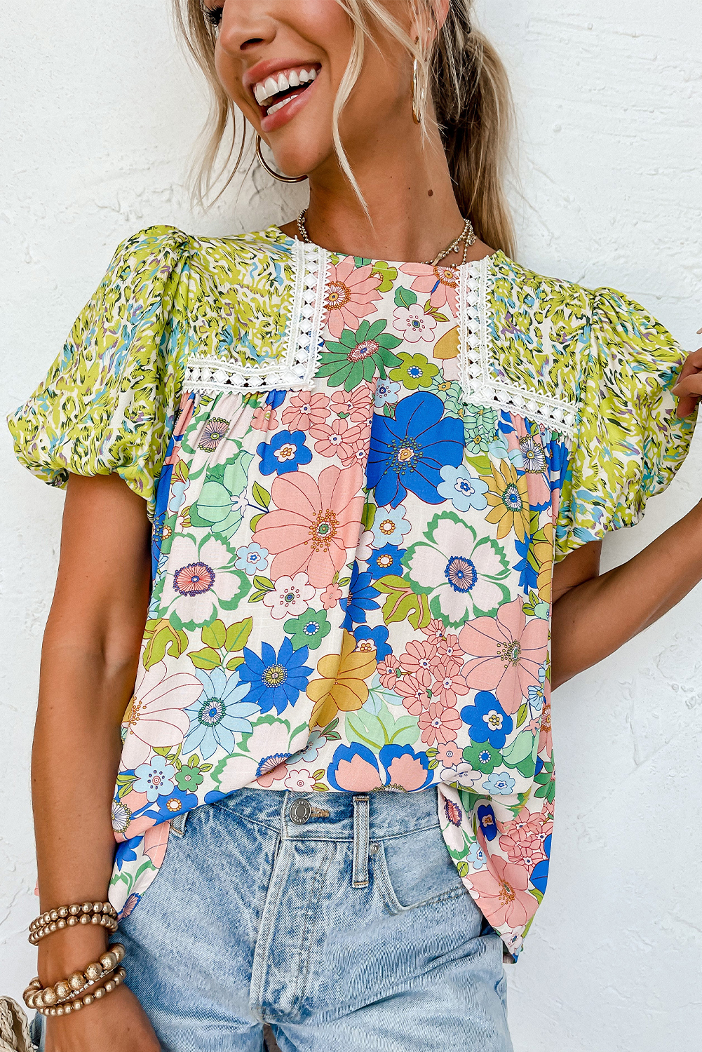 Summer Mixed Print Lace Trim Blouse, Women's Boho Casual Top - Detail View 8 Summer Mixed Print Lace Trim Blouse, Women's Boho Casual Top - Detail View 8
