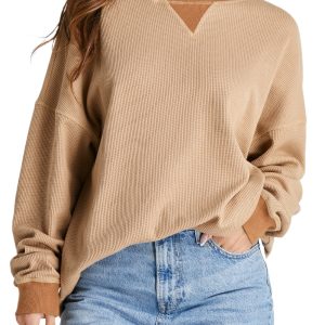 Women's Smoke Gray Thermal Waffle Knit Pullover Sweatshirt - Main View