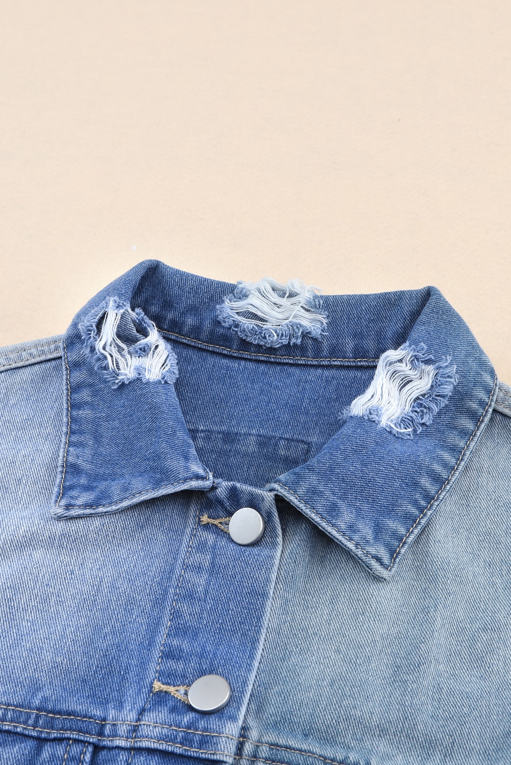 Trendy Colorblock Denim Shacket, Long Sleeve Casual Jacket - Detail View 12 Trendy Colorblock Denim Shacket, Long Sleeve Casual Jacket - Detail View 12