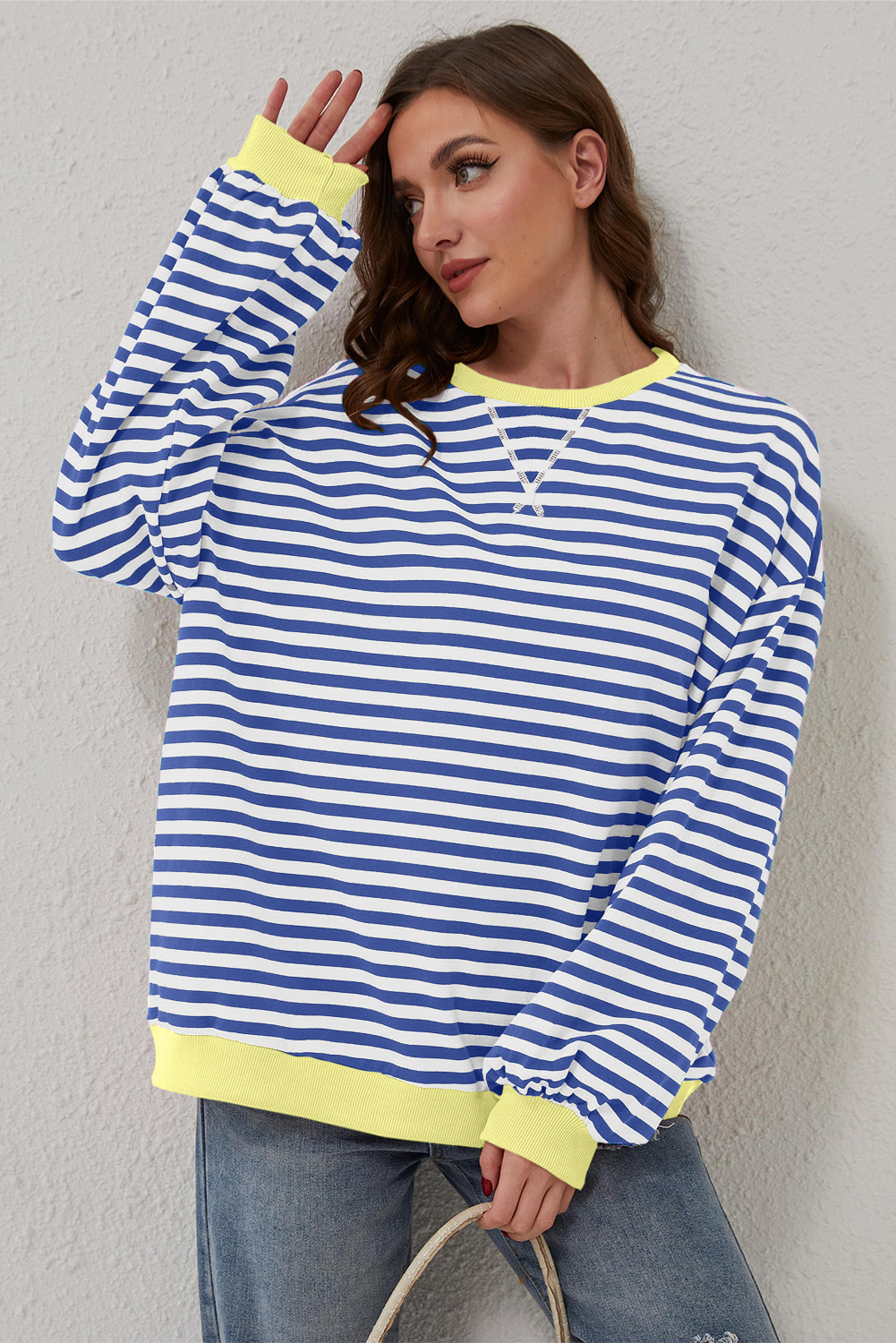 Casual Long Sleeve Sweatshirt: Blue Stripe with Contrast Trim - Detail View 7 Casual Long Sleeve Sweatshirt: Blue Stripe with Contrast Trim - Detail View 7
