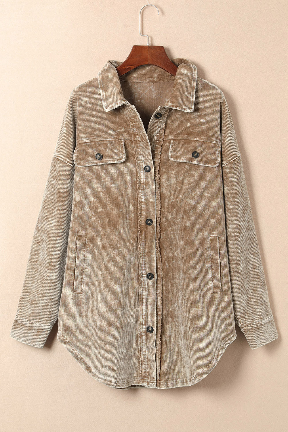 Women's Khaki Shacket, Vintage Mineral Wash Corduroy Jacket - Detail View 4 Women's Khaki Shacket, Vintage Mineral Wash Corduroy Jacket - Detail View 4