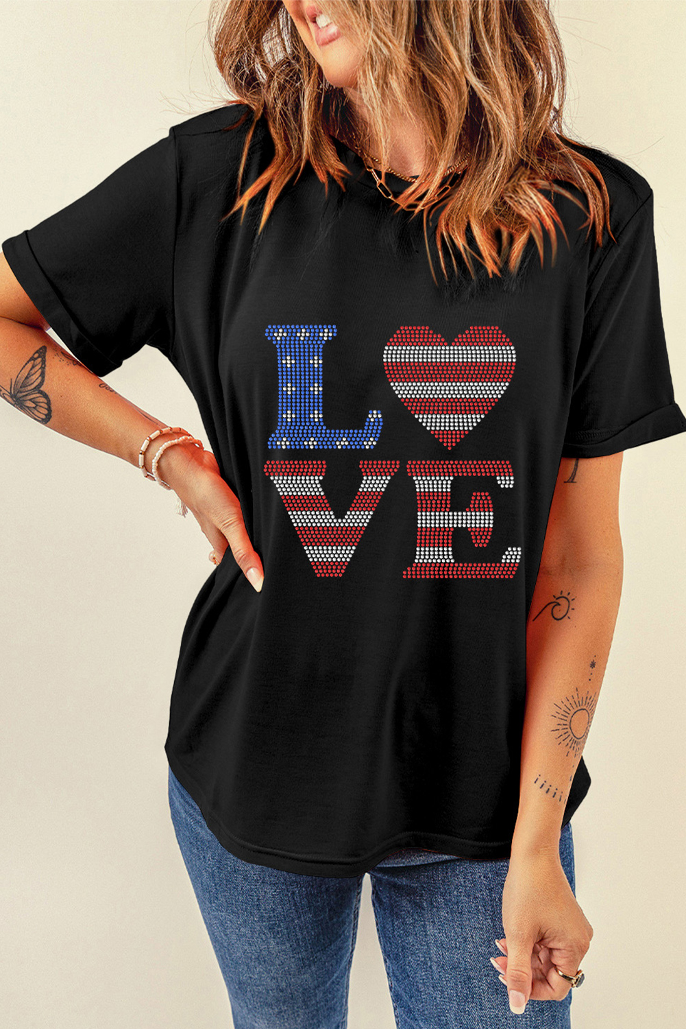 Girl Power Graphic Tee: Black USA Flag with Rhinestones and LOVE Message - Detail View 7 Girl Power Graphic Tee: Black USA Flag with Rhinestones and LOVE Message - Detail View 7