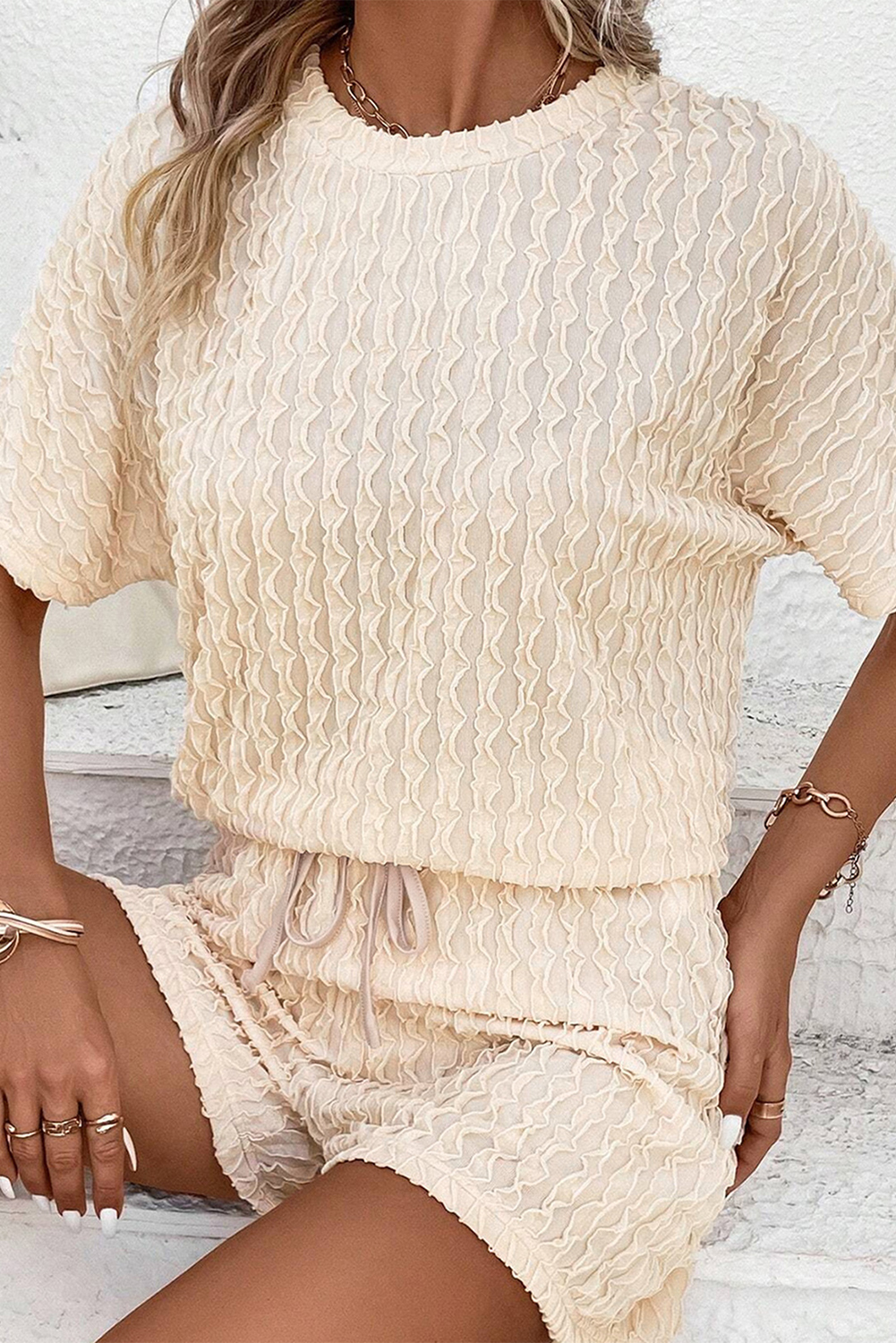 Beige Short Sleeve Lounge Set, Textured Round Neck Outfit - Detail View 2 Beige Short Sleeve Lounge Set, Textured Round Neck Outfit - Detail View 2