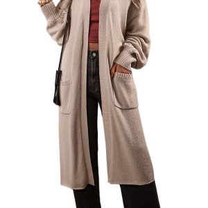 Women's Beige Long Knitted Cardigan with Puff Sleeves and Side Pockets - Main View
