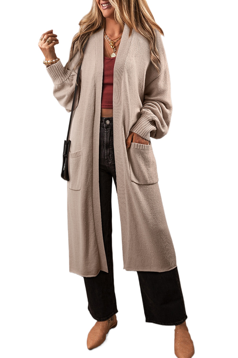 Women's Beige Long Knitted Cardigan with Puff Sleeves and Side Pockets - Main View Women's Beige Long Knitted Cardigan with Puff Sleeves and Side Pockets - Main View