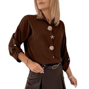 Women's Coffee Button Shirt, Long Sleeve Satin Blouse - Main View