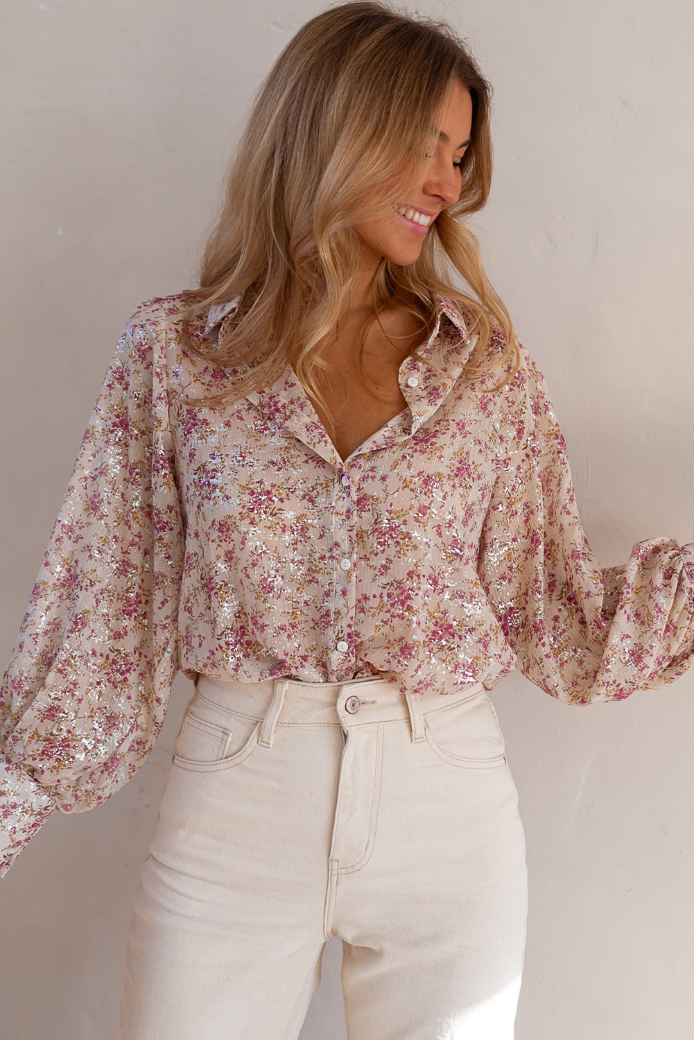 Chic Long Sleeve Pink Floral Shirt - Elegant Bishop Sleeves - Detail View 2 Chic Long Sleeve Pink Floral Shirt - Elegant Bishop Sleeves - Detail View 2
