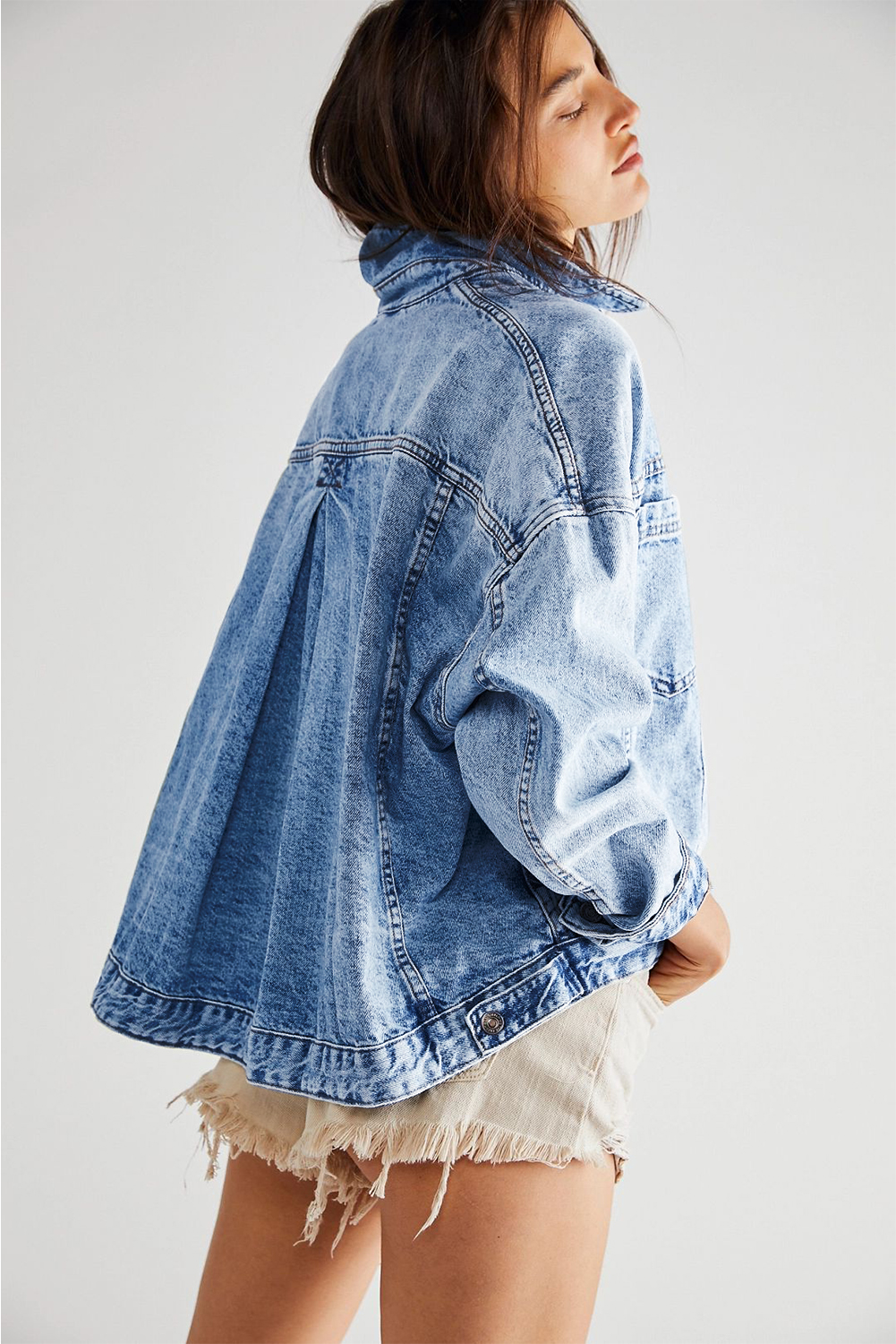 Classic Long Sleeve Denim Jacket: Light Blue Washed, Oversized Fit - Detail View 2 Classic Long Sleeve Denim Jacket: Light Blue Washed, Oversized Fit - Detail View 2
