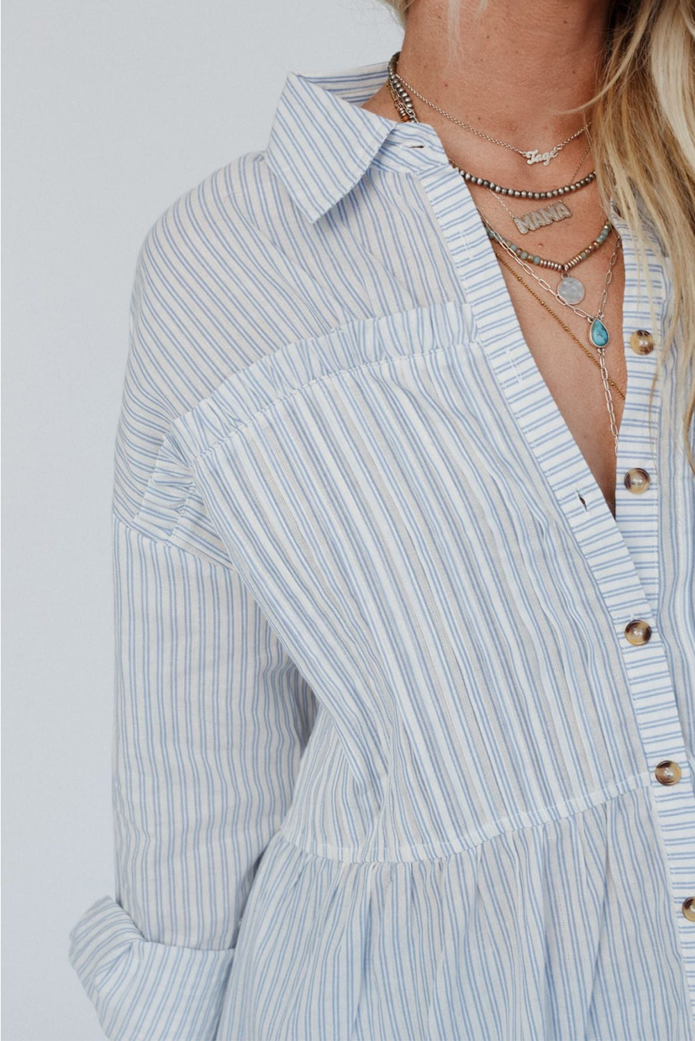 Women's Sky Blue Stripe Long Sleeve Button-Up Shirt - Detail View 6 Women's Sky Blue Stripe Long Sleeve Button-Up Shirt - Detail View 6