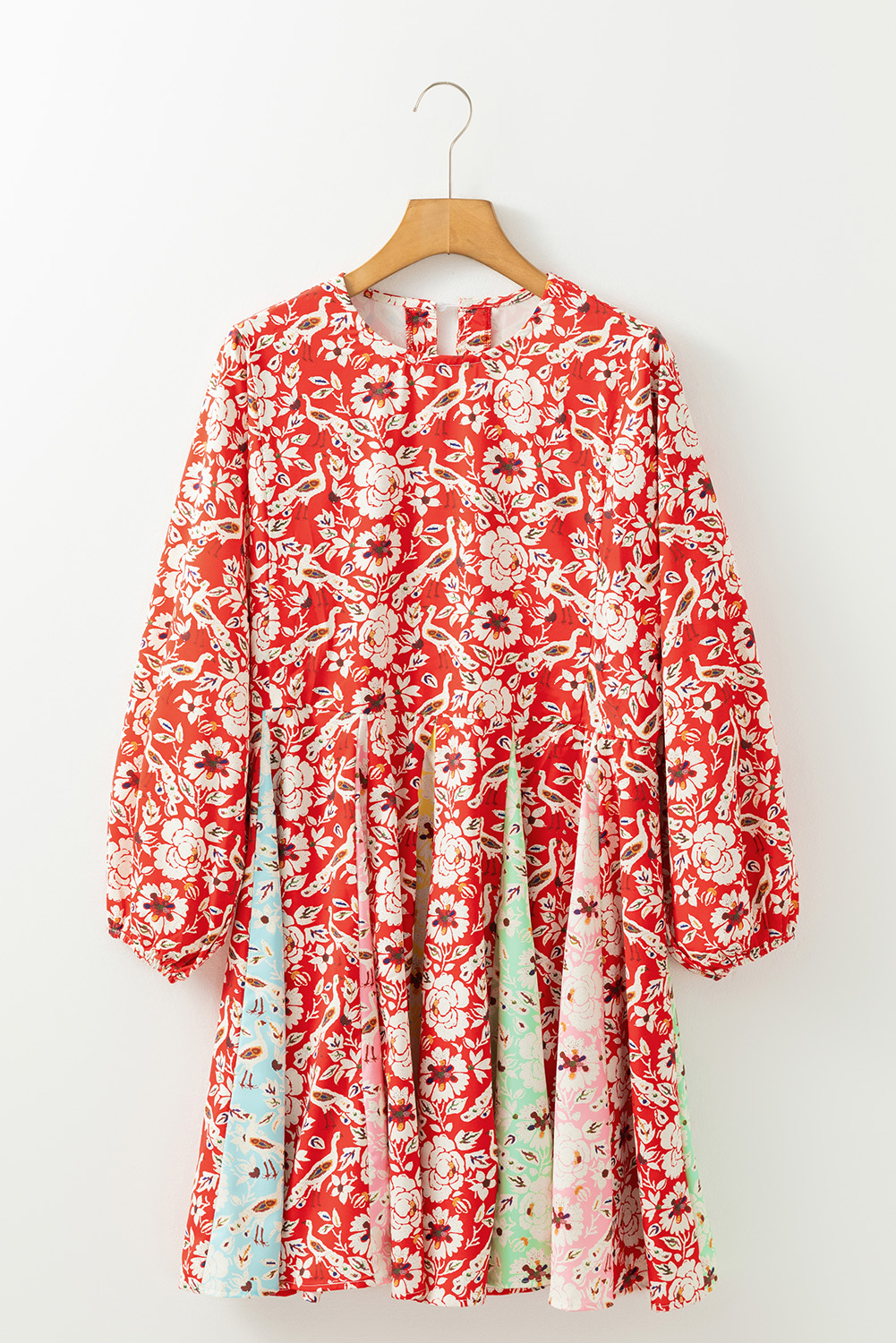Women's Dress, Red Dress, Floral Patchwork, Long Sleeve, Pleated Mini Dress, Bohemian Style, Elegant Design, Casual Chic, Spring Fashion, Crew Neck, A-Line Silhouette, Vacation Wear, Daily Style, Short Dress, Stylish Dress - Detail View 4 Women's Dress, Red Dress, Floral Patchwork, Long Sleeve, Pleated Mini Dress, Bohemian Style, Elegant Design, Casual Chic, Spring Fashion, Crew Neck, A-Line Silhouette, Vacation Wear, Daily Style, Short Dress, Stylish Dress - Detail View 4