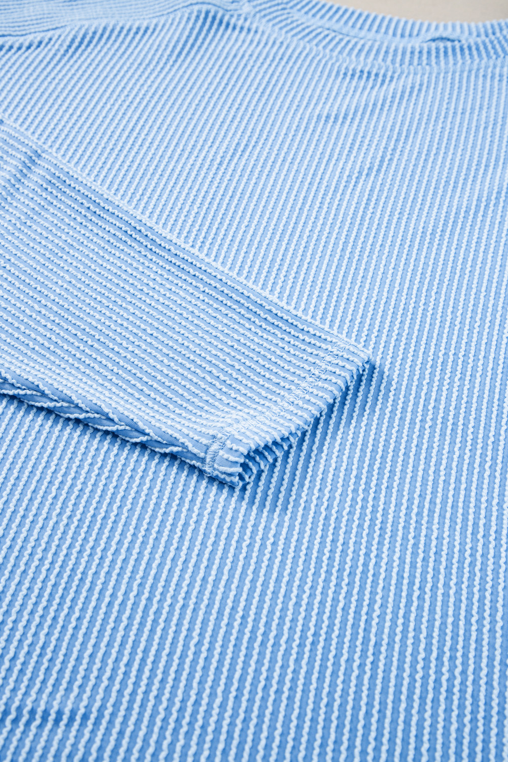 Casual Comfort in a Two-Piece Set - Plus Size Light Blue Ribbed Long Sleeve Top and Shorts - Detail View 12 Casual Comfort in a Two-Piece Set - Plus Size Light Blue Ribbed Long Sleeve Top and Shorts - Detail View 12