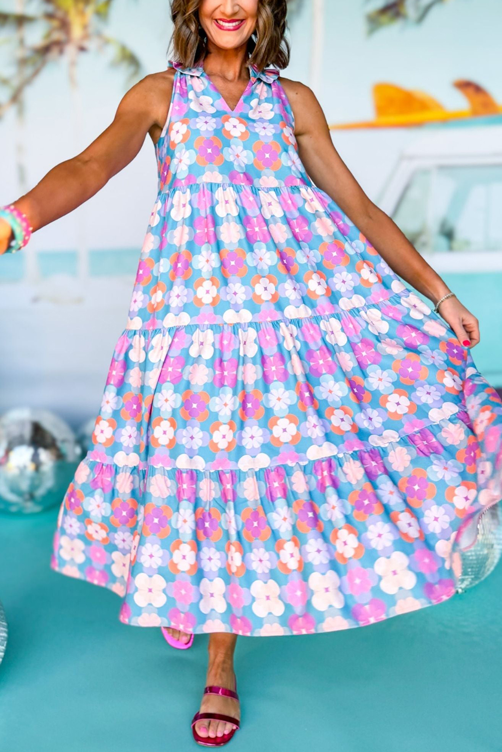 Summer Must-Have: Sky Blue Floral Printed Tiered Maxi Dress with Sleeveless Design - Detail View 3 Summer Must-Have: Sky Blue Floral Printed Tiered Maxi Dress with Sleeveless Design - Detail View 3