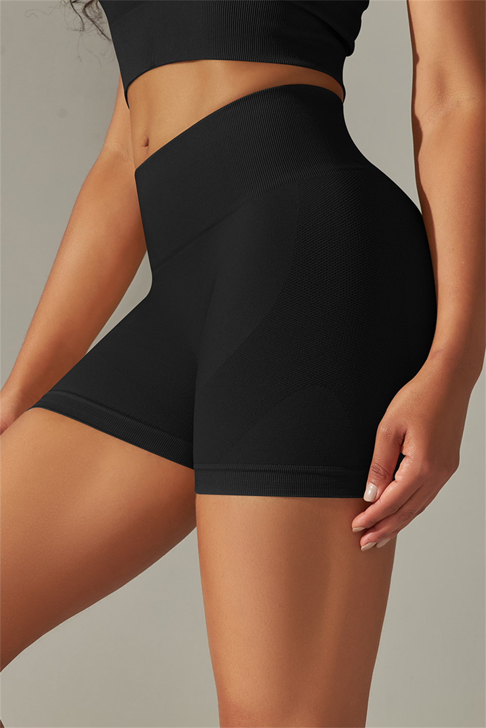 Women's Black Active Shorts, High Waist Tummy Control Fit - Detail View 7 Women's Black Active Shorts, High Waist Tummy Control Fit - Detail View 7