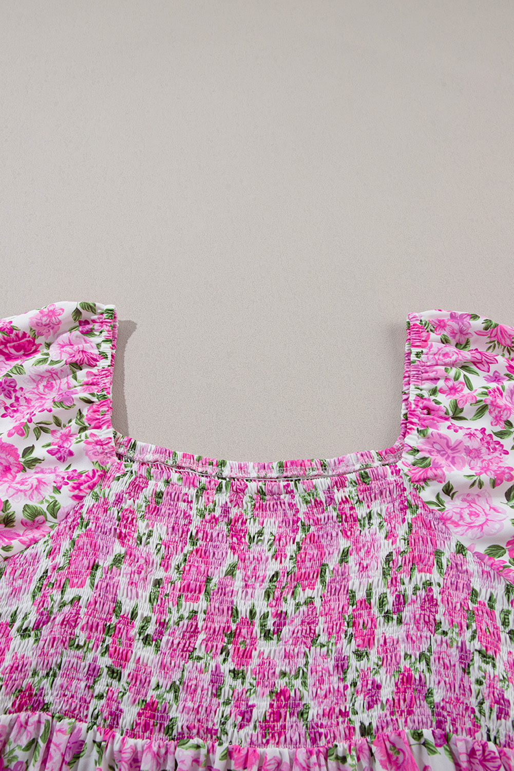 Flattering Plus Size Pink Floral Maxi Dress with Smocked Panel - Detail View 12 Flattering Plus Size Pink Floral Maxi Dress with Smocked Panel - Detail View 12