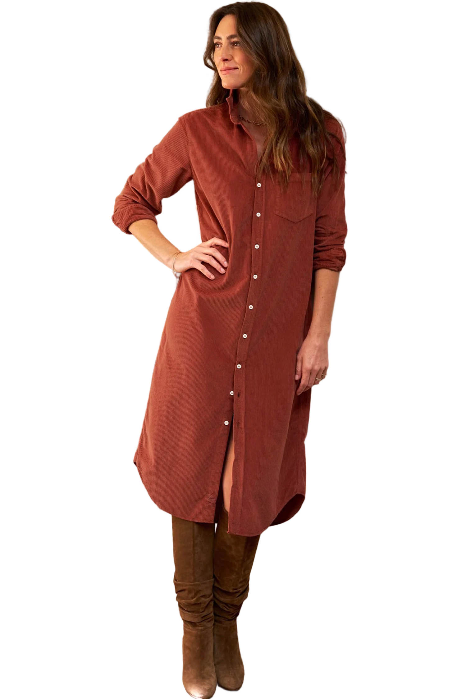 Women's Clay Corduroy Shirt Dress, Long Sleeve Casual Midi - Main View Women's Clay Corduroy Shirt Dress, Long Sleeve Casual Midi - Main View