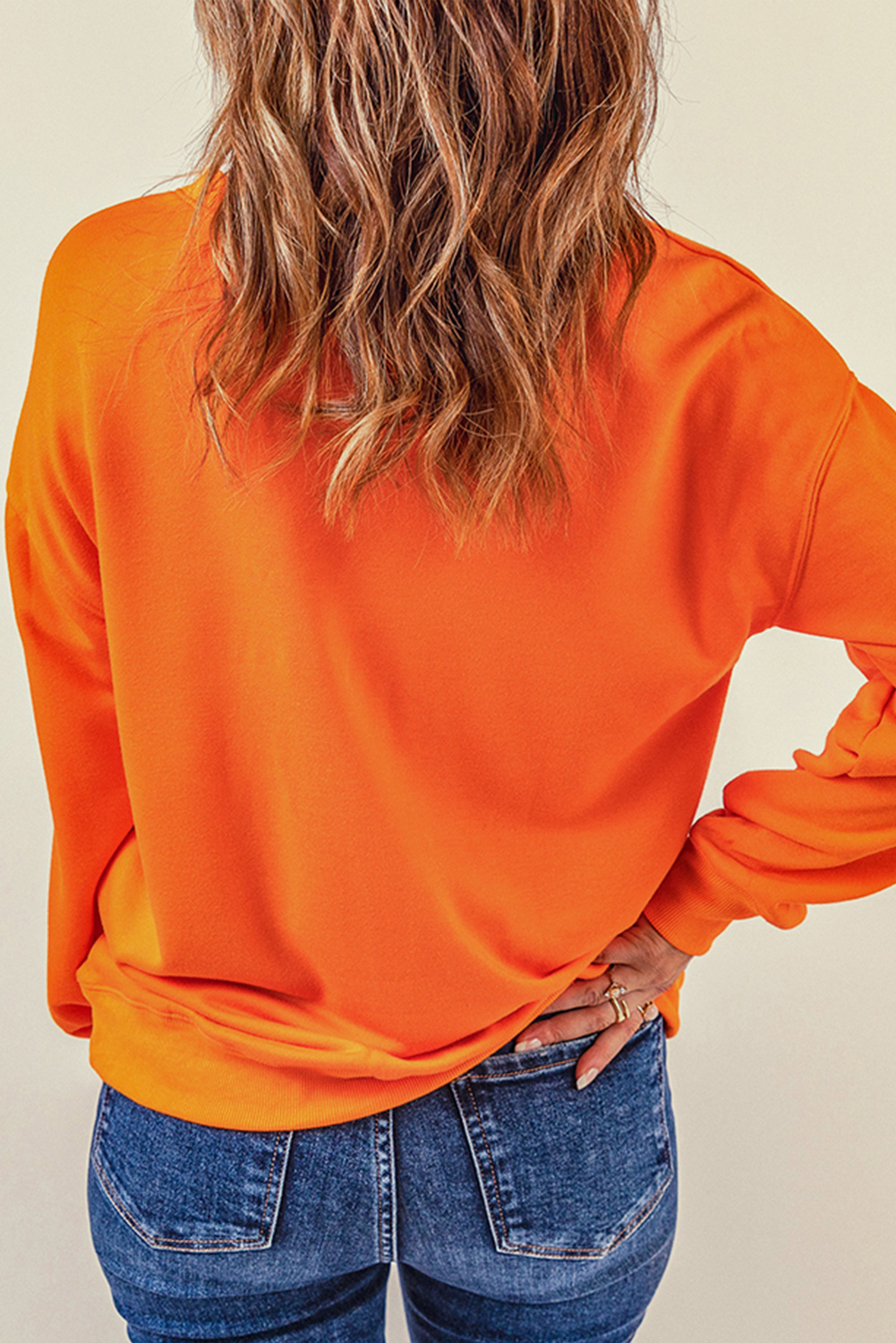 Women's Sweatshirt, Russet Orange, Sequin, Ghost Pattern, Halloween, Graphic Tee, Casual, Spooky Season, Holiday Wear, Long Sleeve, Round Neck, Shift Silhouette, Sequined Details - Detail View 8 Women's Sweatshirt, Russet Orange, Sequin, Ghost Pattern, Halloween, Graphic Tee, Casual, Spooky Season, Holiday Wear, Long Sleeve, Round Neck, Shift Silhouette, Sequined Details - Detail View 8