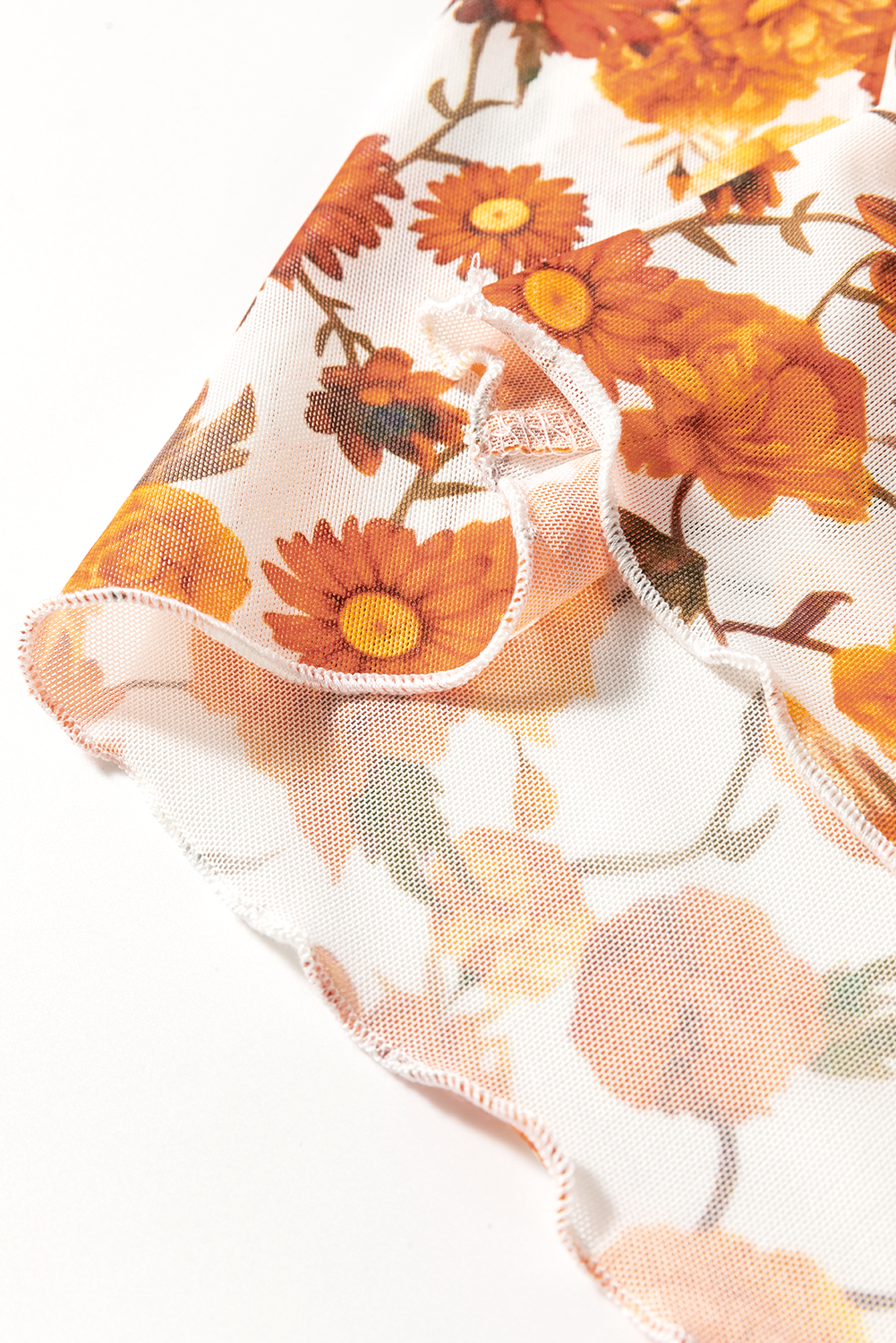 Chic Women's Orange Floral Printed Bell Sleeve Blouse with Mock Neck and Scallop Trim - Detail View 13 Chic Women's Orange Floral Printed Bell Sleeve Blouse with Mock Neck and Scallop Trim - Detail View 13