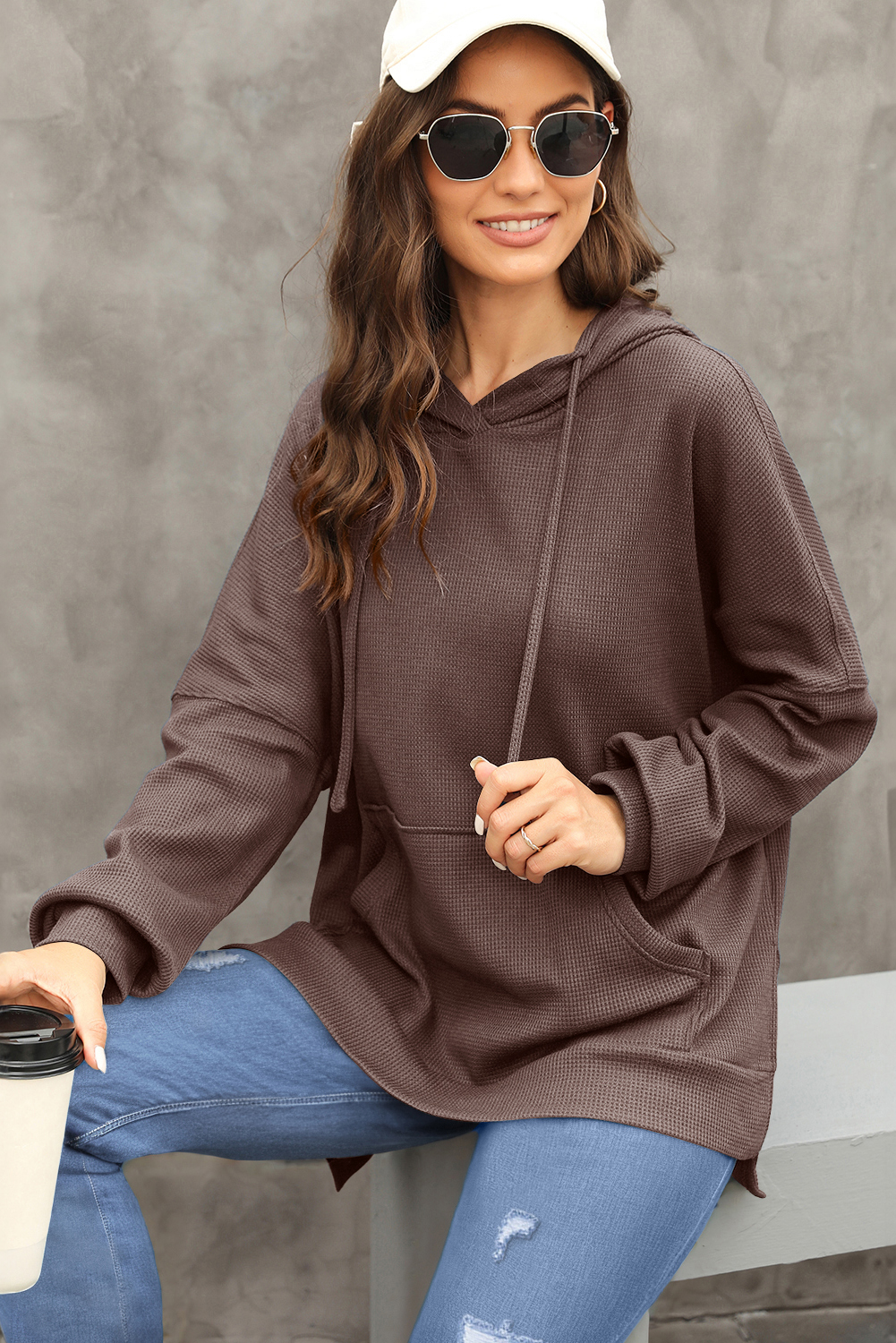 Women's Coffee Waffle Knit Fleece Lined High Low Oversized Hoodie - Detail View 6 Women's Coffee Waffle Knit Fleece Lined High Low Oversized Hoodie - Detail View 6