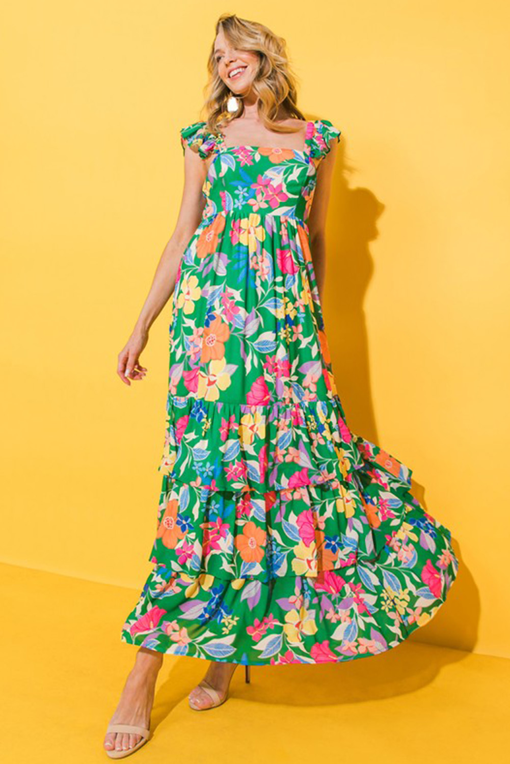 Elegant Square Neckline Green Floral Maxi Dress with Ruffled Straps - Detail View 8 Elegant Square Neckline Green Floral Maxi Dress with Ruffled Straps - Detail View 8