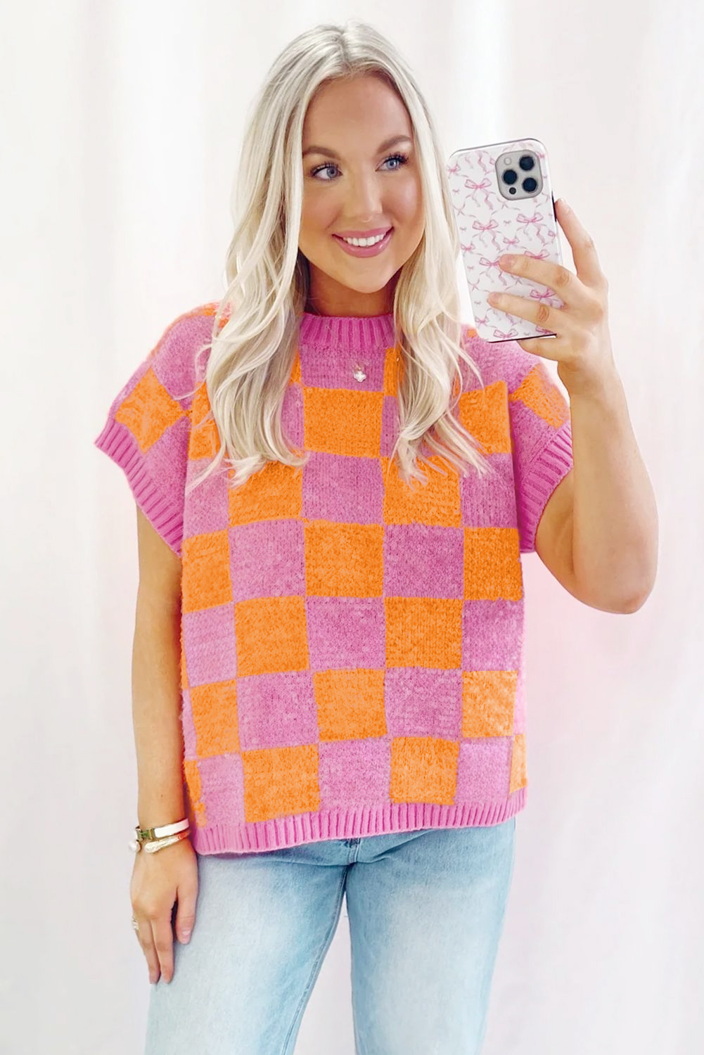 Sleeveless Summer Sweater with Colorblock and Plaid Pattern - Strawberry Pink - Detail View 7 Sleeveless Summer Sweater with Colorblock and Plaid Pattern - Strawberry Pink - Detail View 7