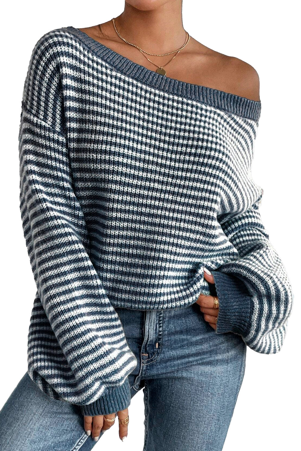 Chic and Cozy Sweater with Lantern Sleeves - Sail Blue Striped Pattern - Detail View 12 Chic and Cozy Sweater with Lantern Sleeves - Sail Blue Striped Pattern - Detail View 12