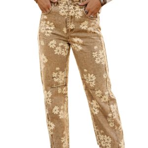 Women's Straight Leg Jeans, Khaki Floral Print Daily Retro - Main View