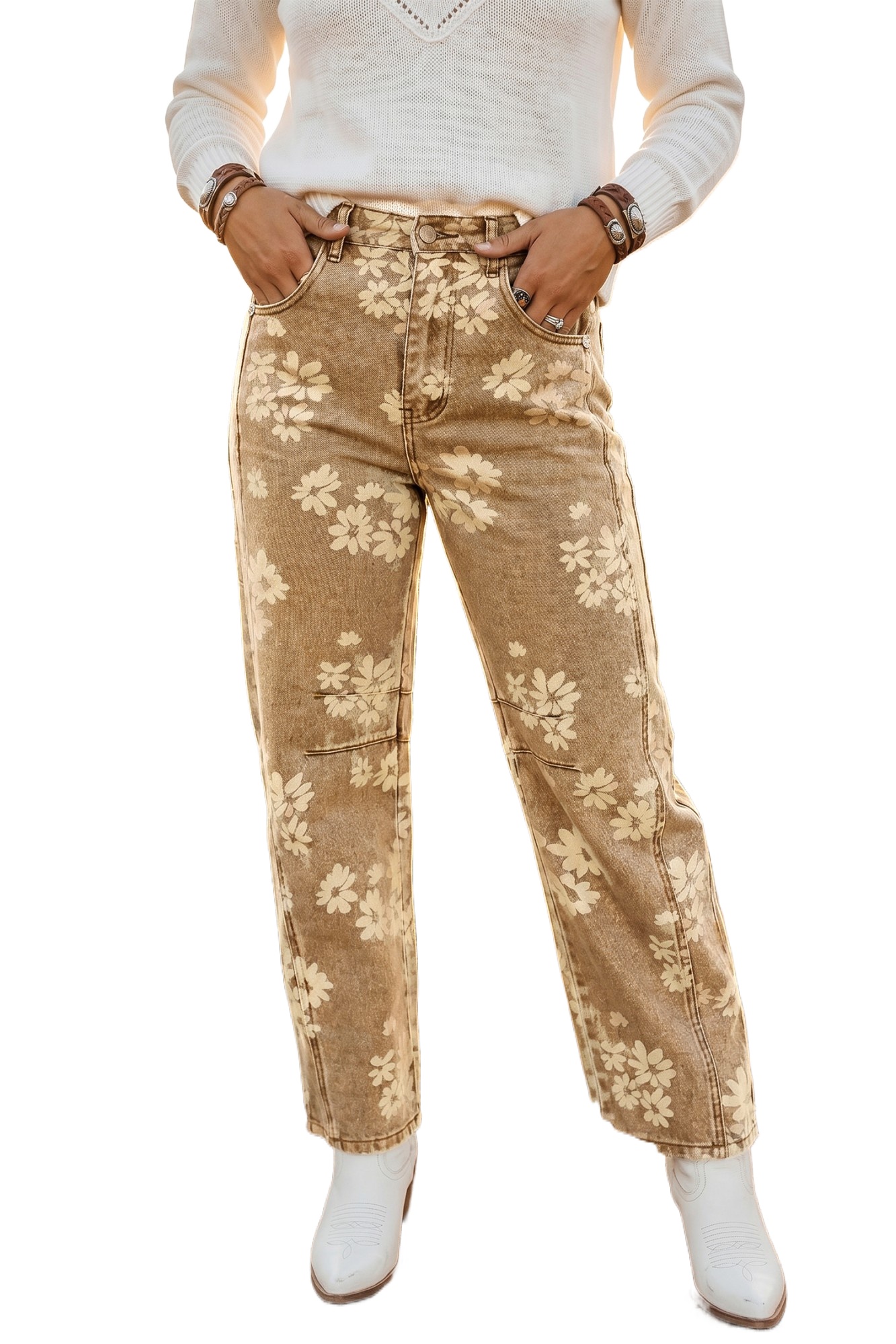 Women's Straight Leg Jeans, Khaki Floral Print Daily Retro - Main View Women's Straight Leg Jeans, Khaki Floral Print Daily Retro - Main View