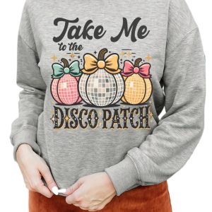 Women's Gray Disco Ball Bowknot Pumpkin Graphic Crewneck Sweatshirt - Main View