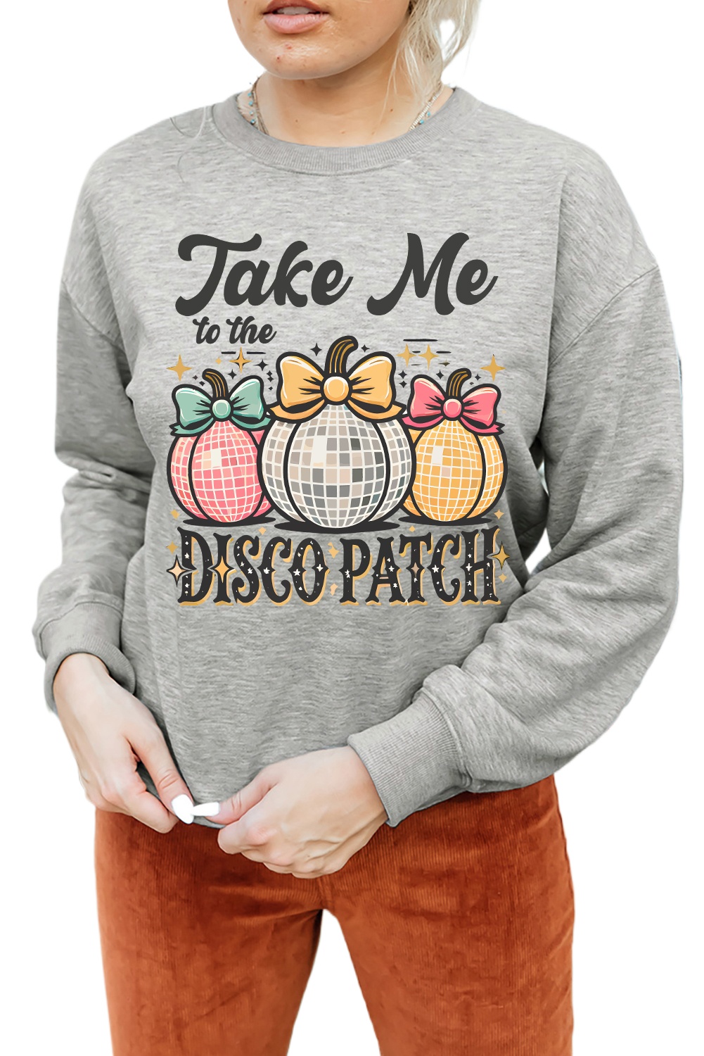 Women's Gray Disco Ball Bowknot Pumpkin Graphic Crewneck Sweatshirt - Main View Women's Gray Disco Ball Bowknot Pumpkin Graphic Crewneck Sweatshirt - Main View